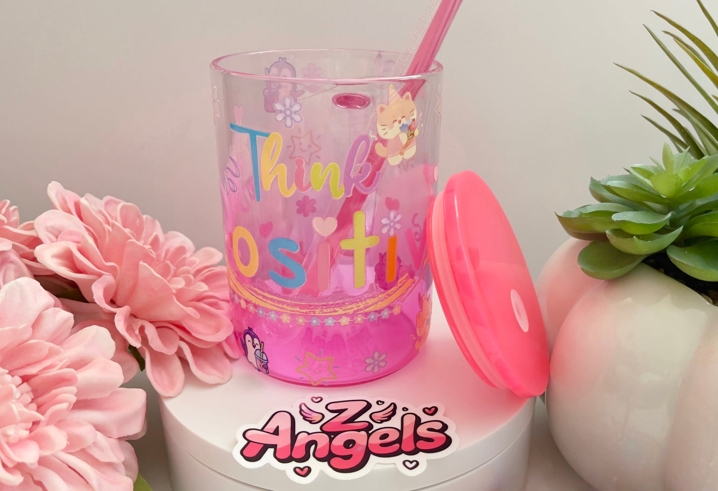 Think Positive Glass Mug with Straw