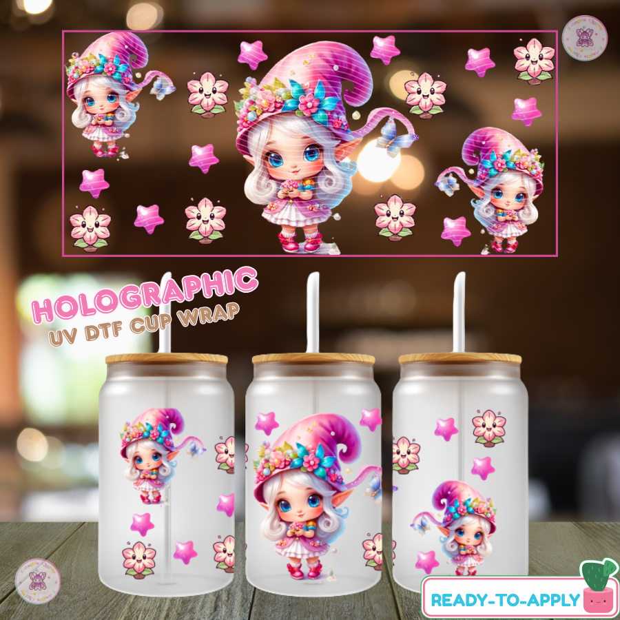 Pink Cute Little Girl Holographic UV DTF Cup Wrap (16oz)