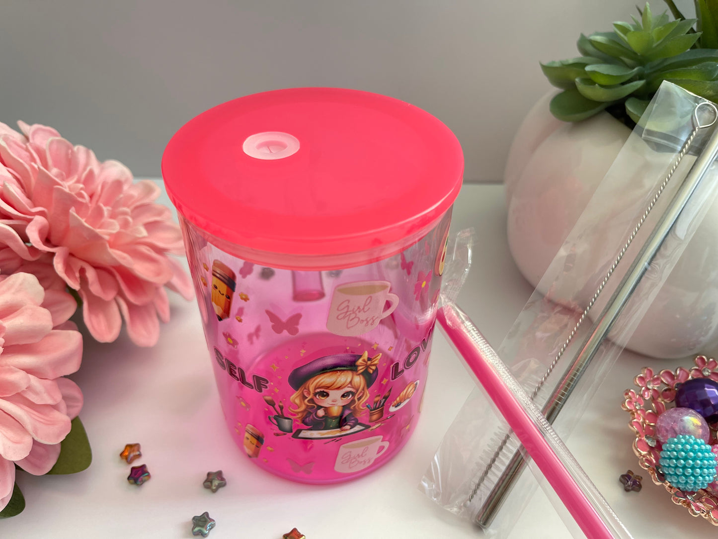 Self Love Glass Mug with Straw