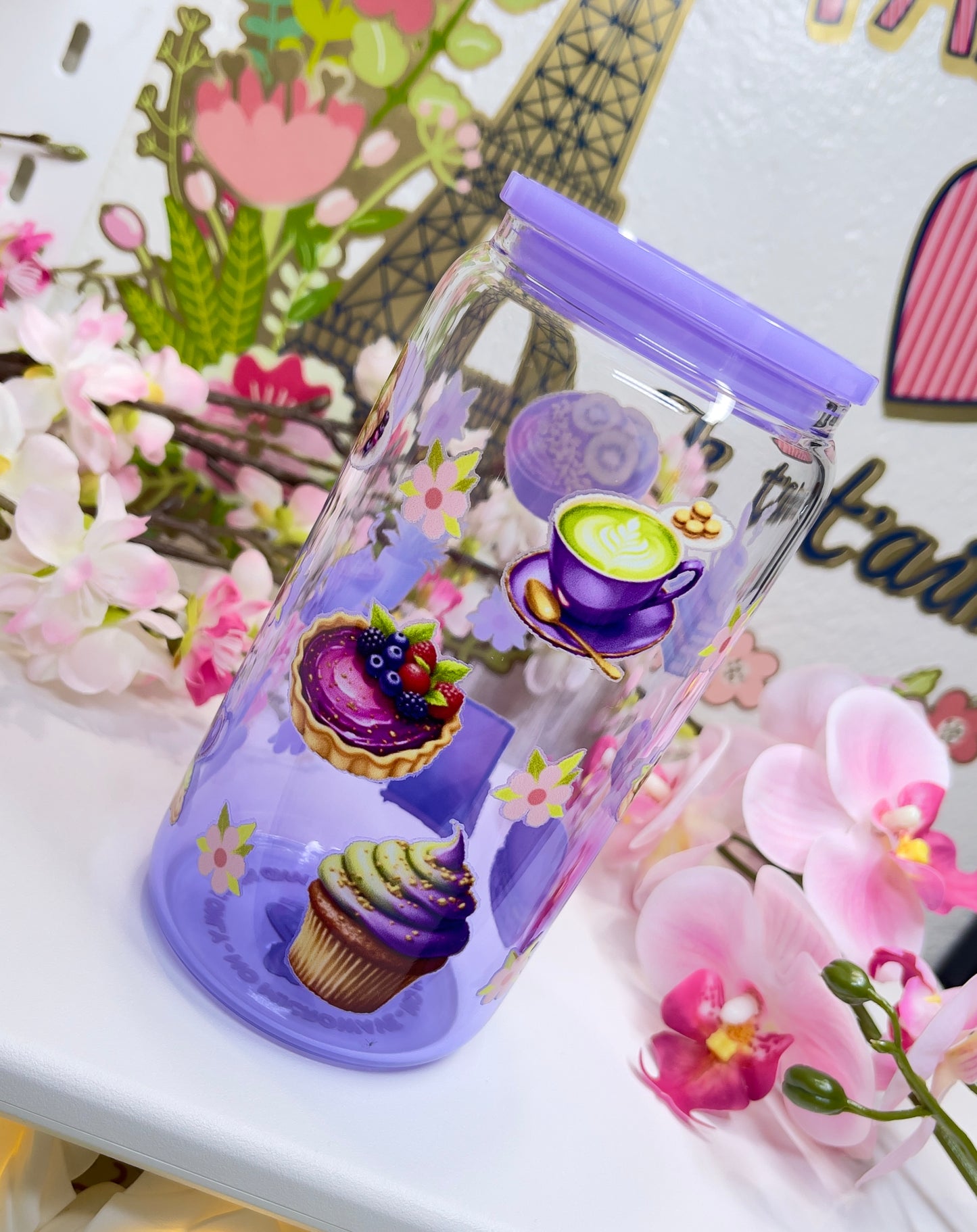 Purple Dessert Glass Can with Straw