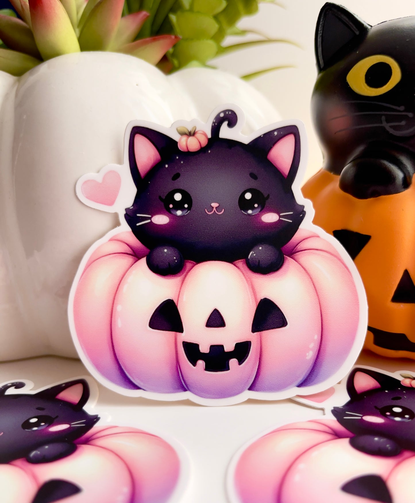 Pink Pumpkin with Black Cat Vinyl Sticker
