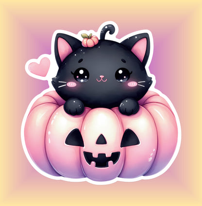 Pink Pumpkin with Black Cat Vinyl Sticker