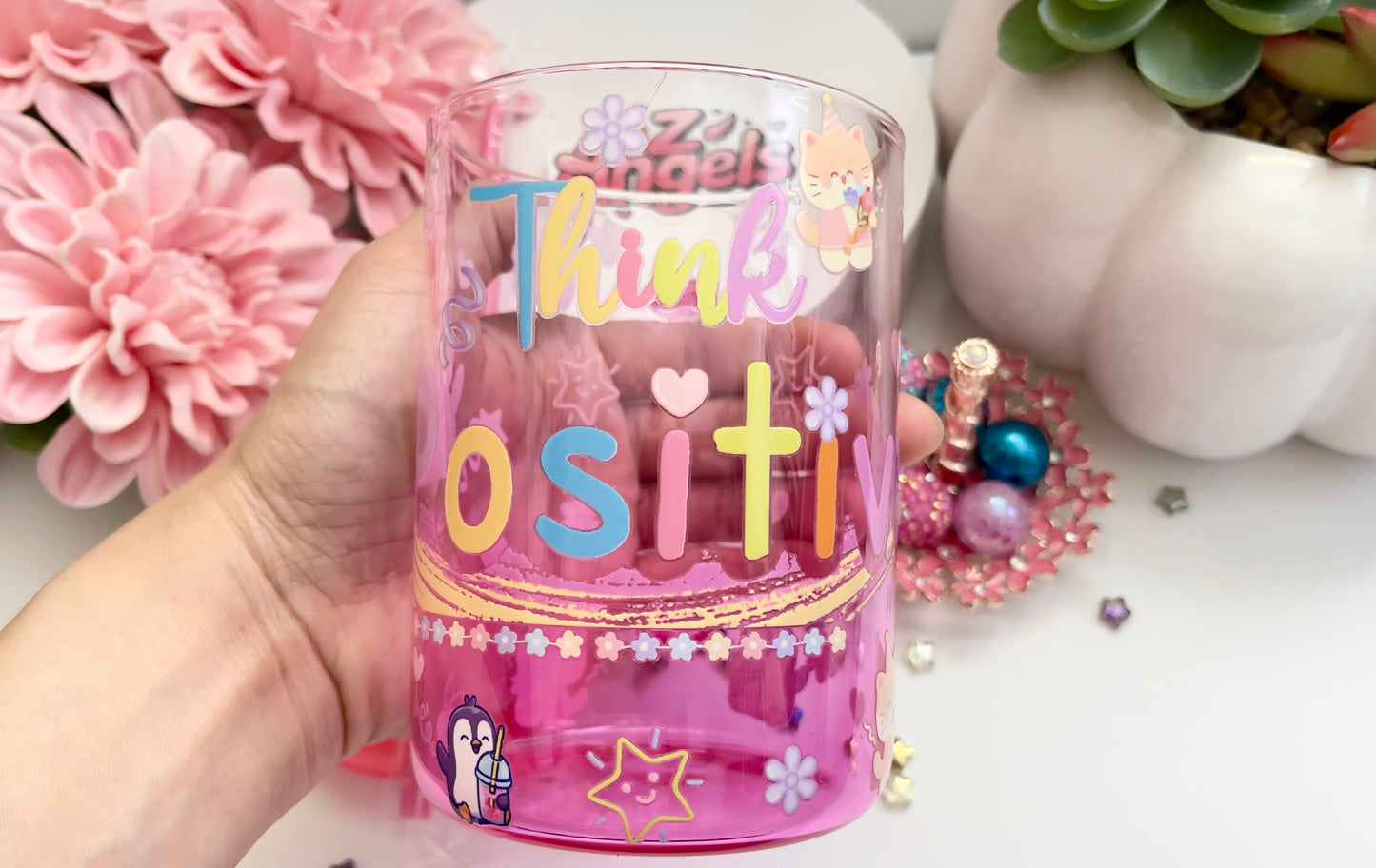 Think Positive Glass Mug with Straw