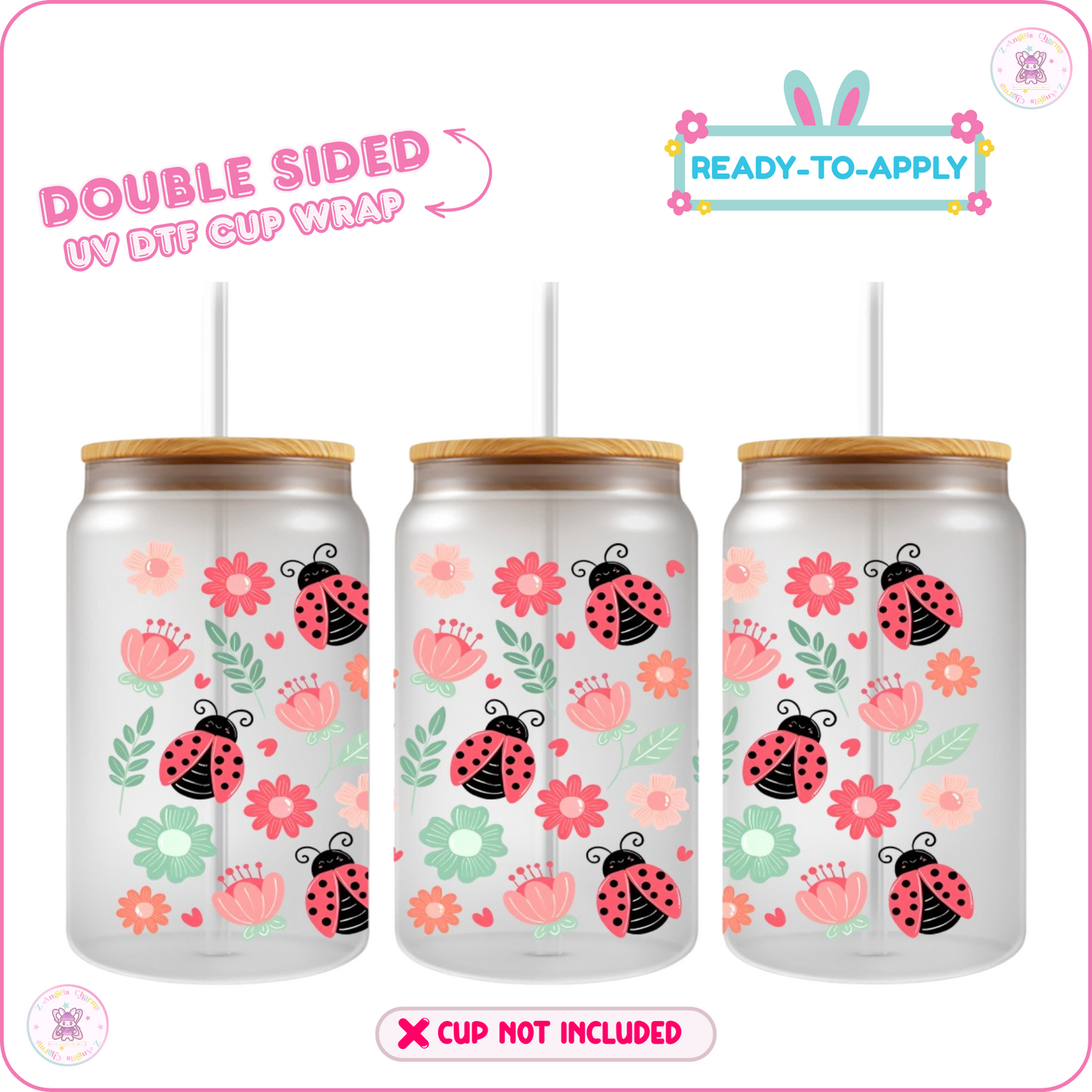 🐞Ladybug & Floral Series – 16oz. UV DTF Cup Wrap 💕 Double Sided
