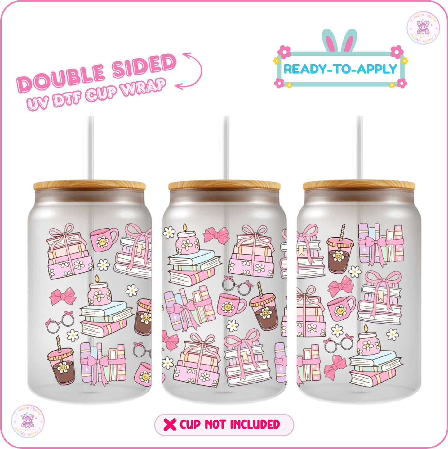 📚Pink Bookish Daydream – 16oz. UV DTF Cup Wrap 💕 Double Sided