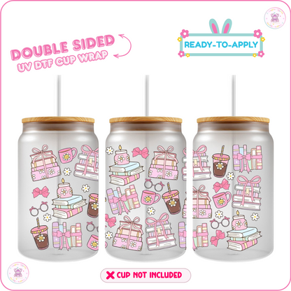 📚Pink Bookish Daydream – 16oz. UV DTF Cup Wrap 💕 Double Sided