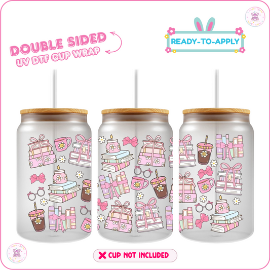 📚Pink Bookish Daydream – 16oz. UV DTF Cup Wrap 💕 Double Sided