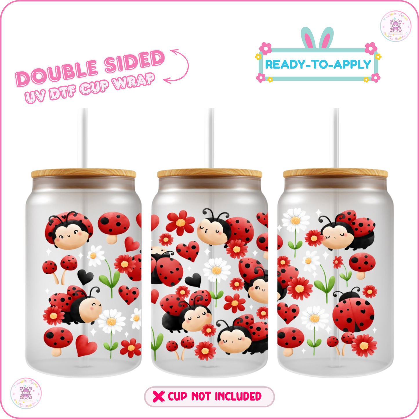 🐞Ladybug & Floral Series – 16oz. UV DTF Cup Wrap 💕 Double Sided