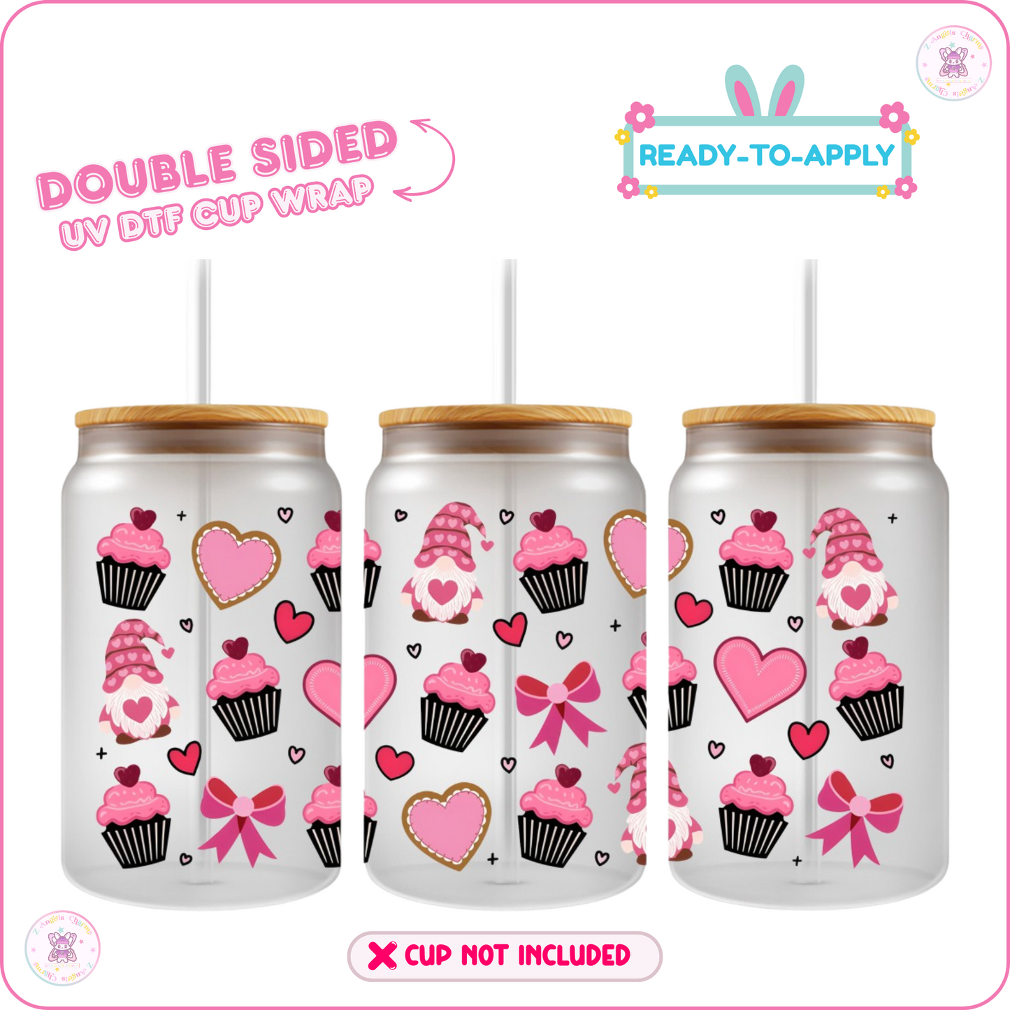 💕Pink Sugar Gnome Delights – 16oz. UV DTF Cup Wrap 💕 Double Sided
