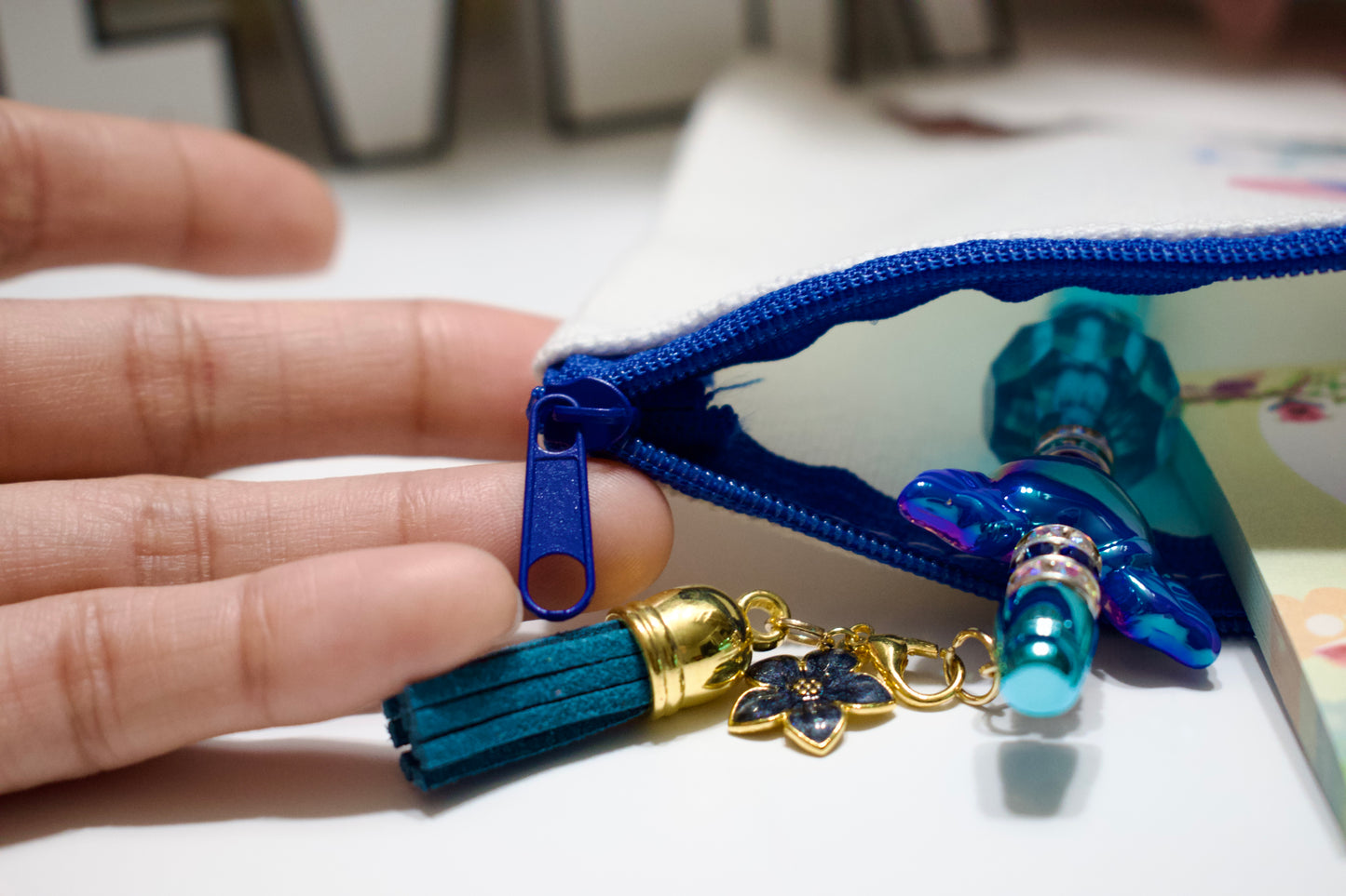 Blue Pencil Mini Pouch with Colored Zipper