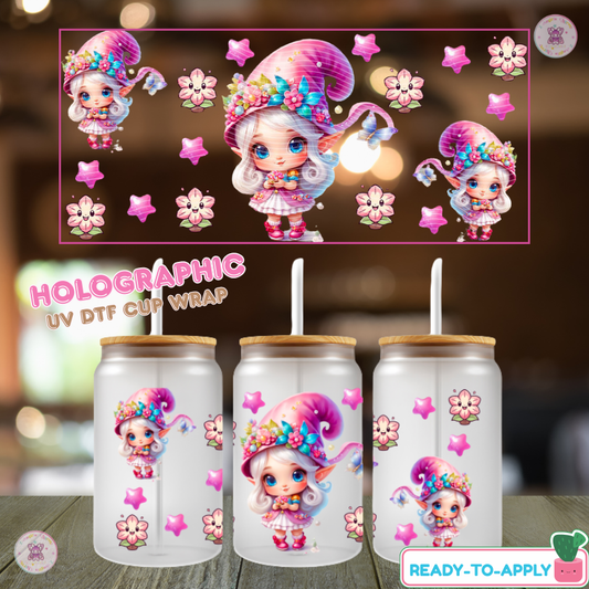 Pink Cute Little Girl Holographic UV DTF Cup Wrap (16oz)