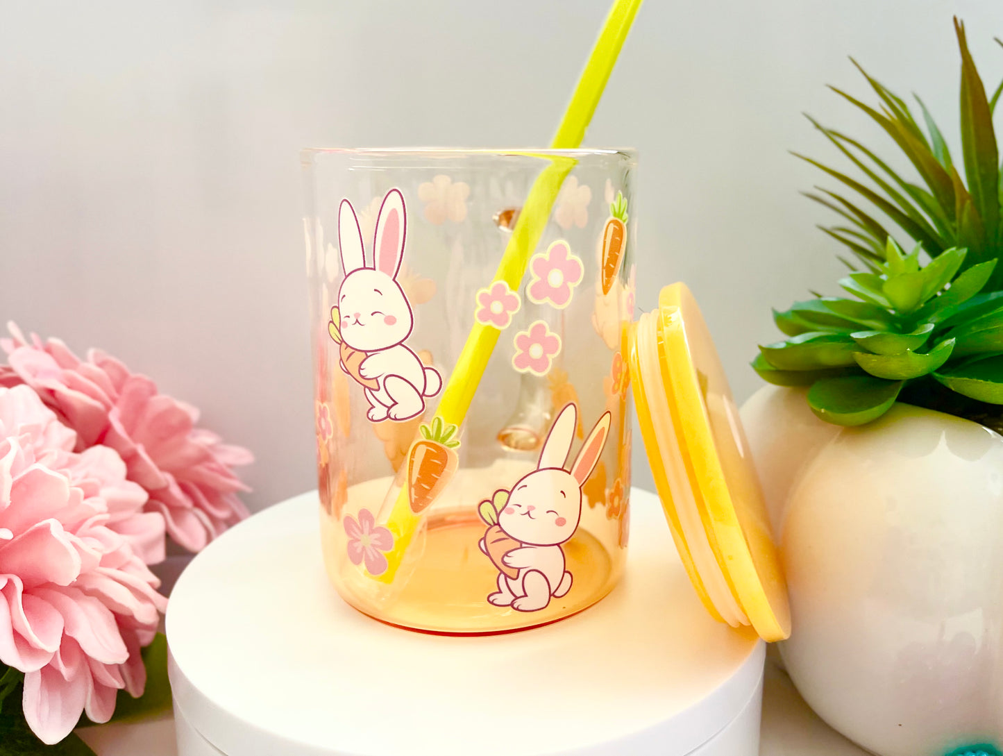 Bunny Glass Mug with Lid & Straw