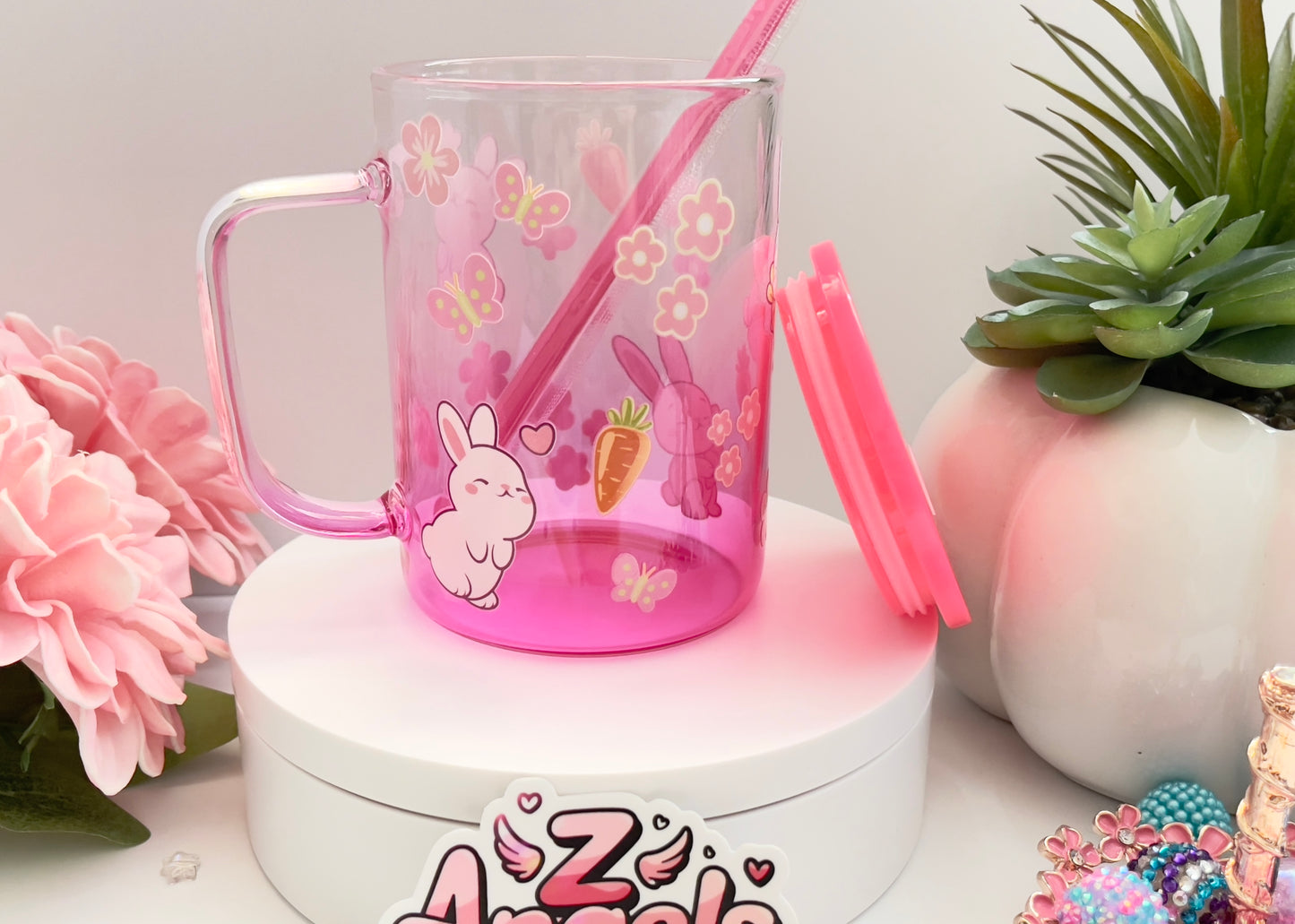 Bunny Glass Mug with Lid & Straw
