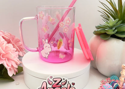 Bunny Glass Mug with Lid & Straw