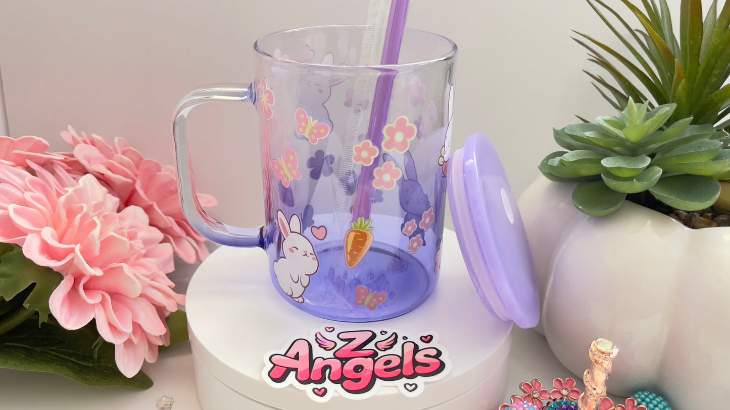 Bunny Glass Mug with Lid & Straw