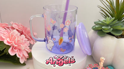 Bunny Glass Mug with Lid & Straw