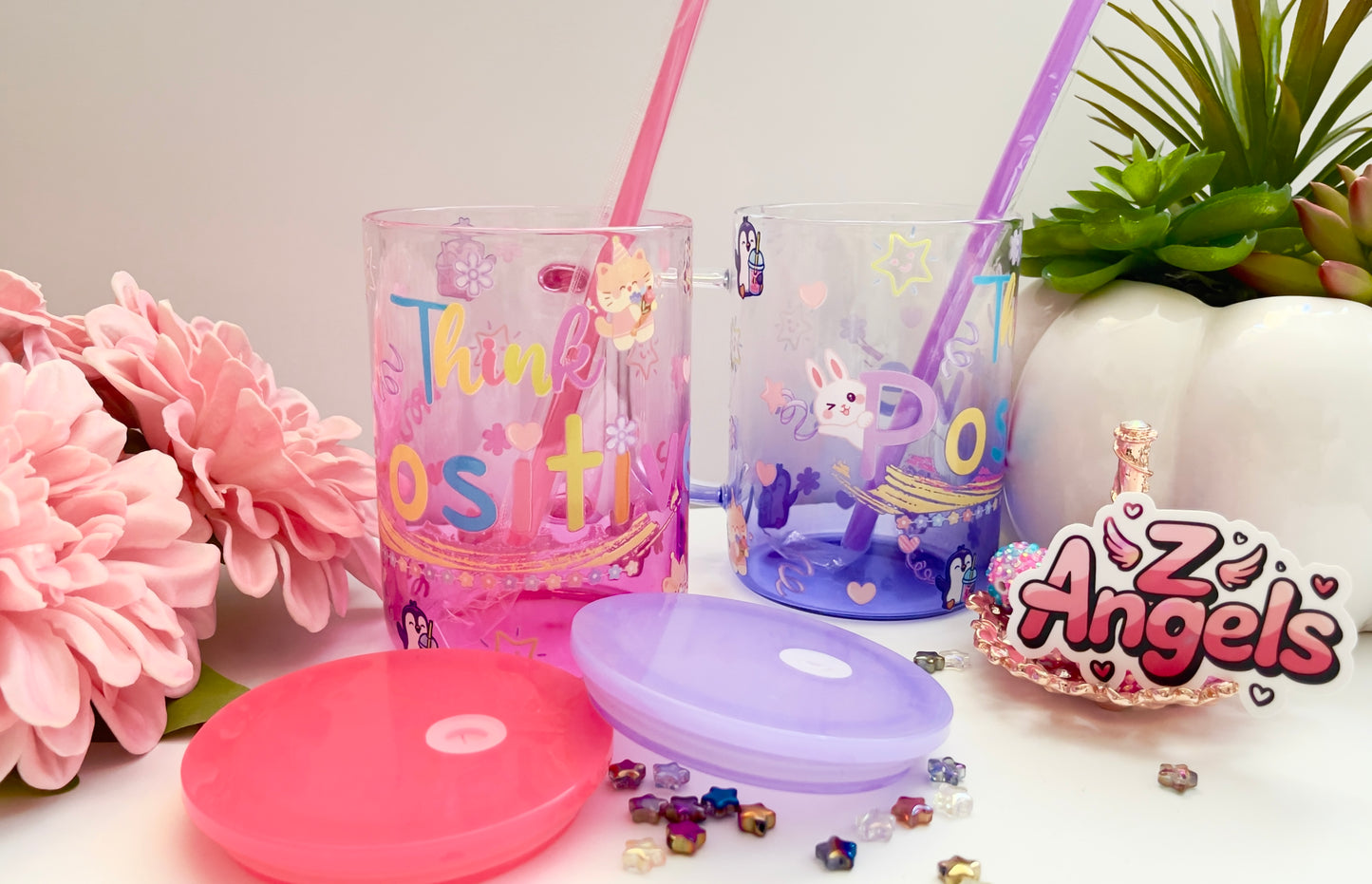 Think Positive Glass Mug with Straw