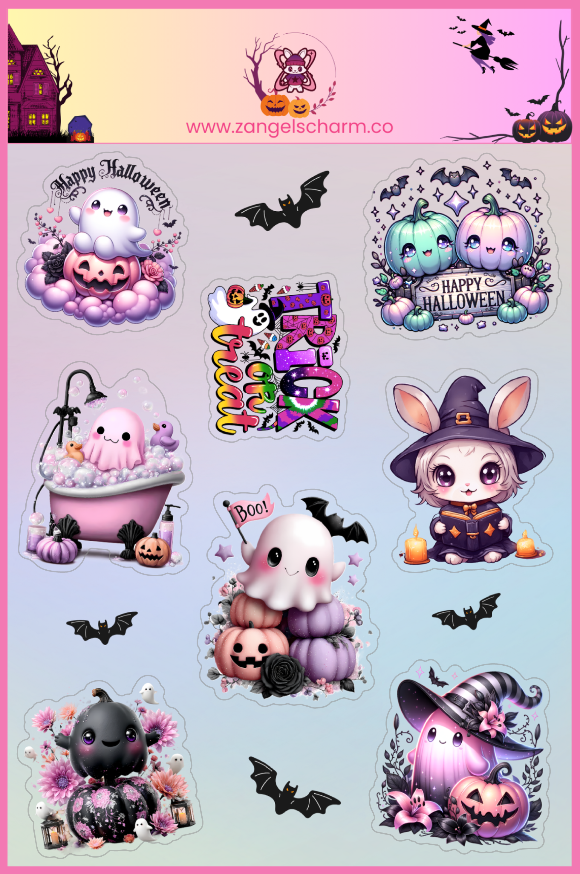 Halloween-themed stickers with cute characters and text on a pink border.