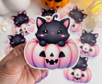 Pink Pumpkin with Black Cat Vinyl Sticker