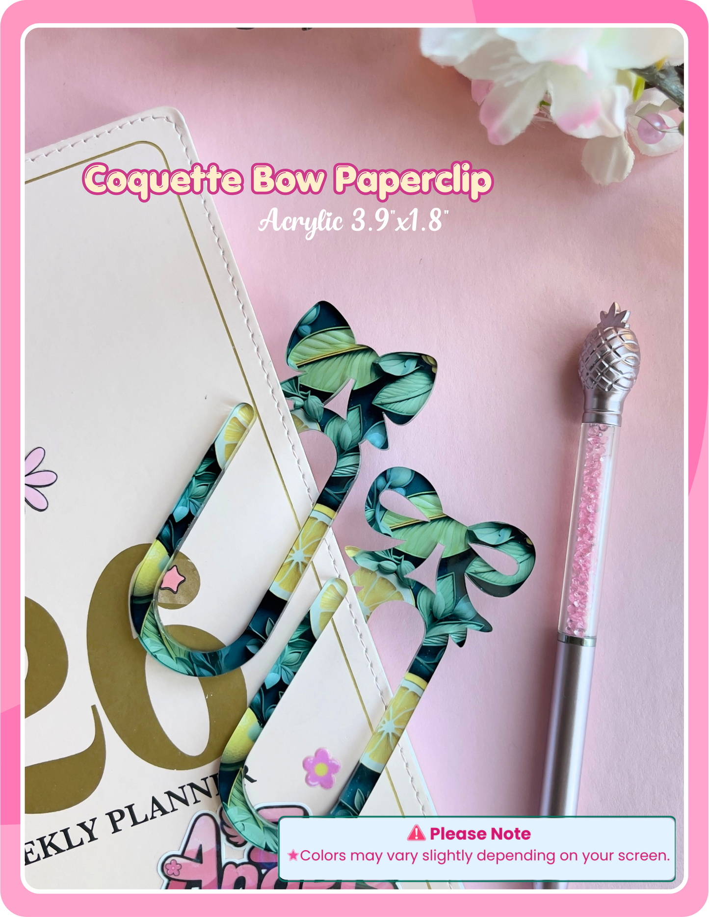 Coquette Bow Acrylic Paper Clips – Pair of 2 | Large Decorative Planner Clips (3.9" x 1.8")
