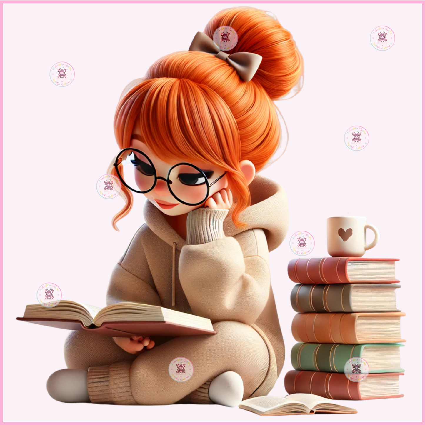 Cozy Bookish Girl Reading – Cute DTF Transfer 🌷(up to 11"x11")
