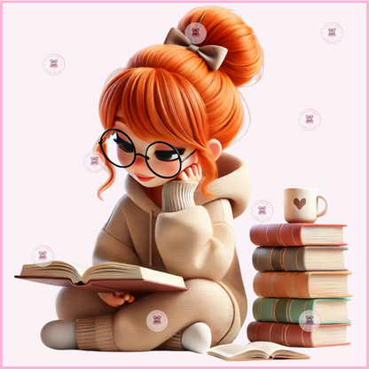 Cozy Bookish Girl Reading – Cute DTF Transfer 🌷(up to 11"x11")