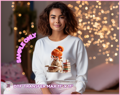 Cozy Bookish Girl Reading – Cute DTF Transfer 🌷(up to 11"x11")